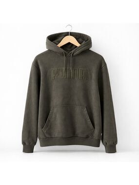 PUMA Olive Green Logo Hoodie | Men’s Large Pullover Sweatshirt
